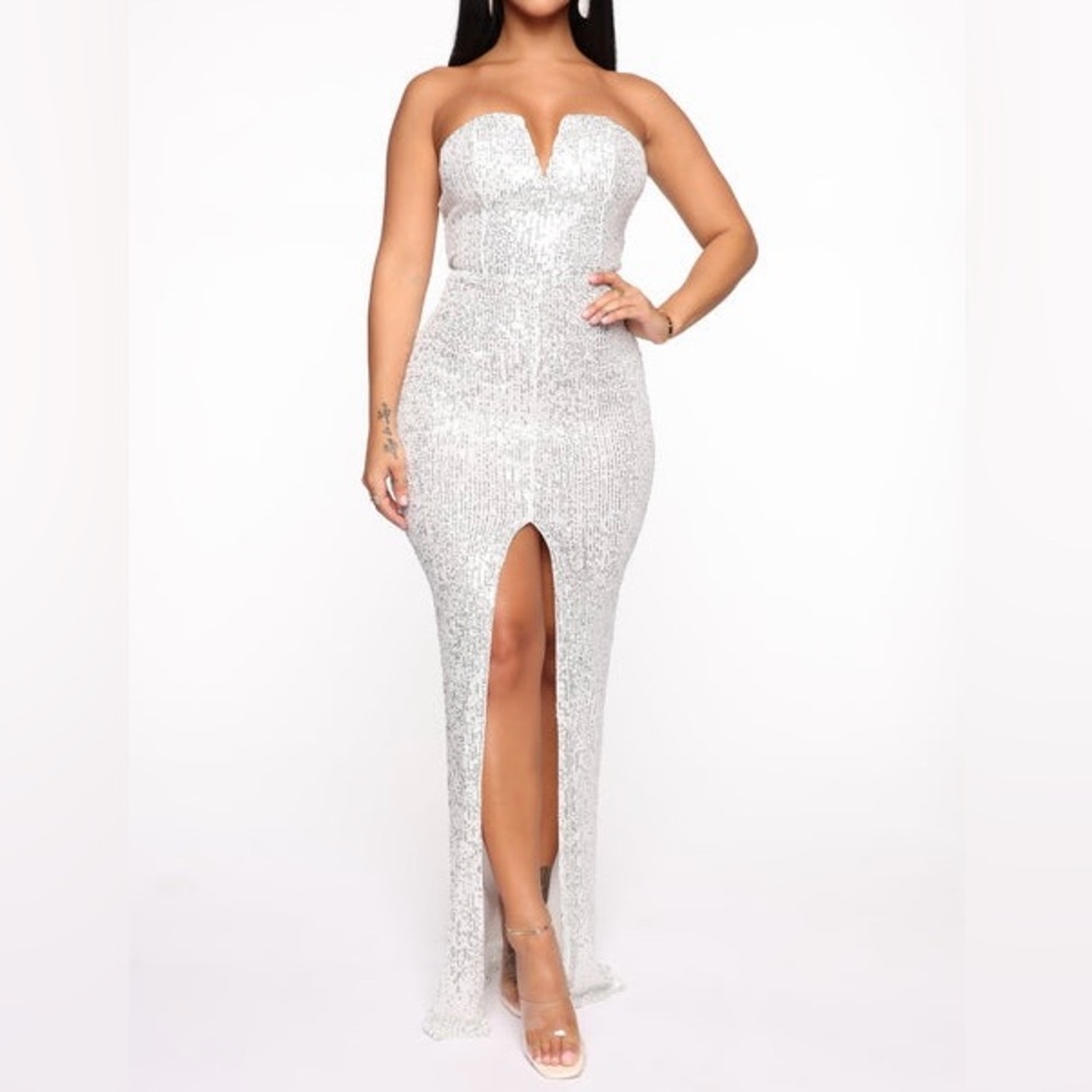 Fashion Nova Sparkle All Night Maxi Dress Silver Size M